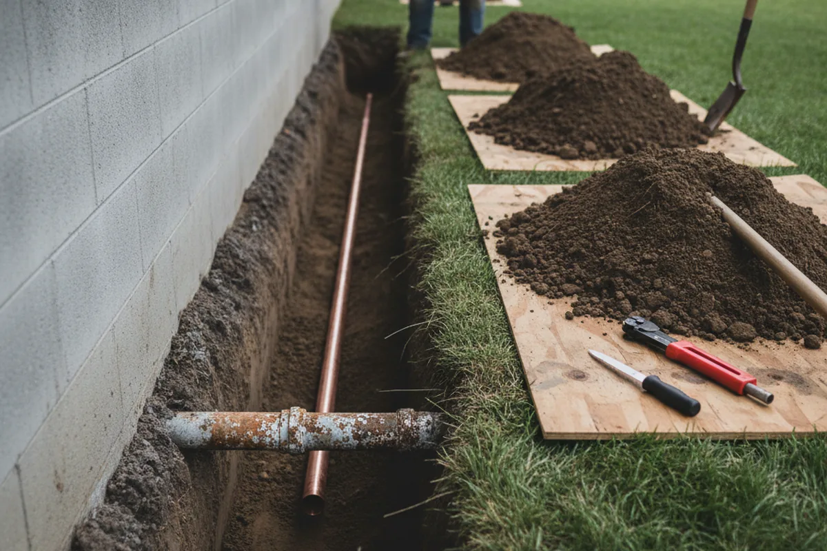 Excavated water line trench during Water Heater Repair in Remington